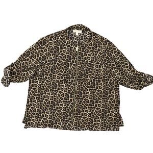 Michael Kors Brown Cheetah Button-Up Top, XL, Polyester Full Zip Long Sleeve